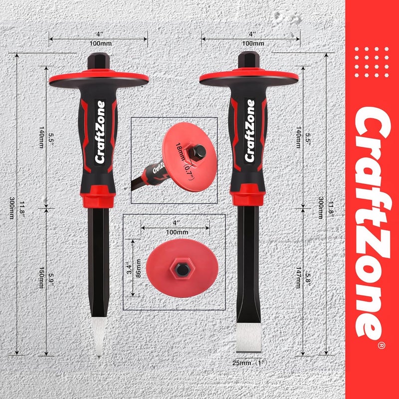 CRAFTZONE Masonry Chisel Set - 2-Piece Heavy Duty Pointed & Flat Rock Chisels, Concrete Stone Chisel with Hand Protection for Brick Breaking Carving Splitting Cutting Mason Tools - Image 5